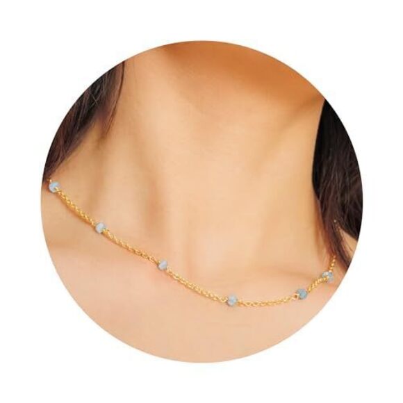 Jewelry - 4018 Aquamarine Necklace , Premium Beaded Gold Necklaces - Tarnish Free 18K